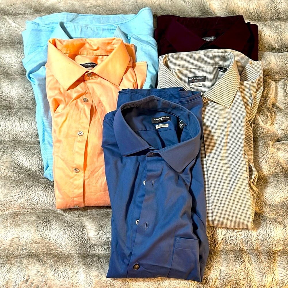 Lot of 5 Van Heusen Flex Button Up Dress Shirts Regular Fit Stretch 17-34/35